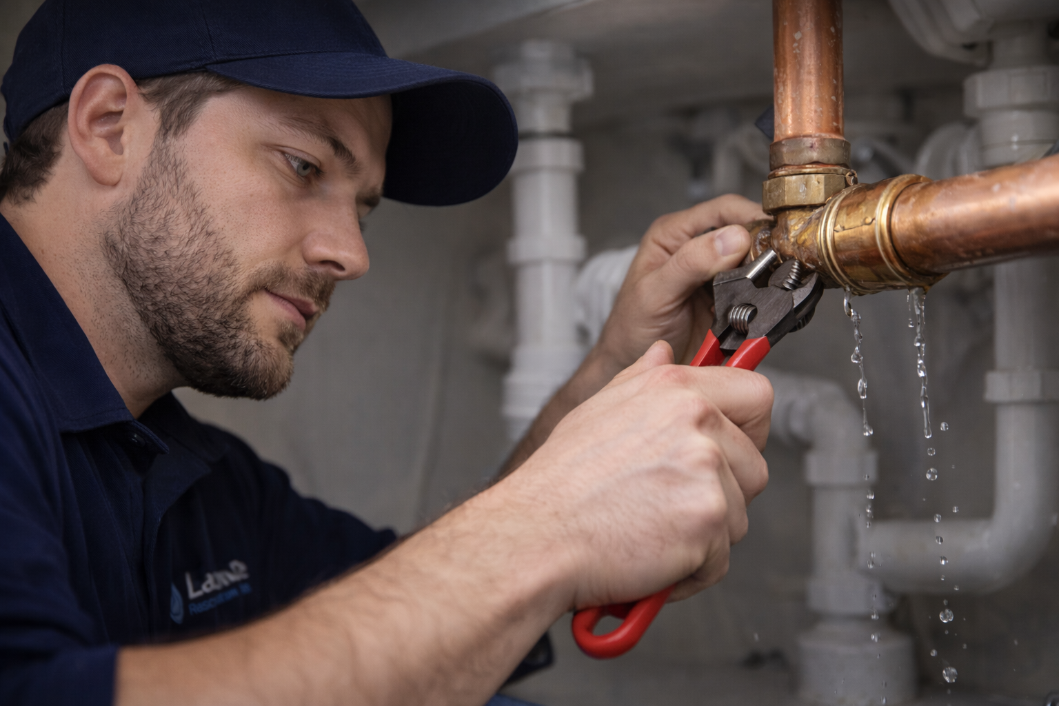 Technician diagnosing a kitchen faucet leak in a Lacombe home