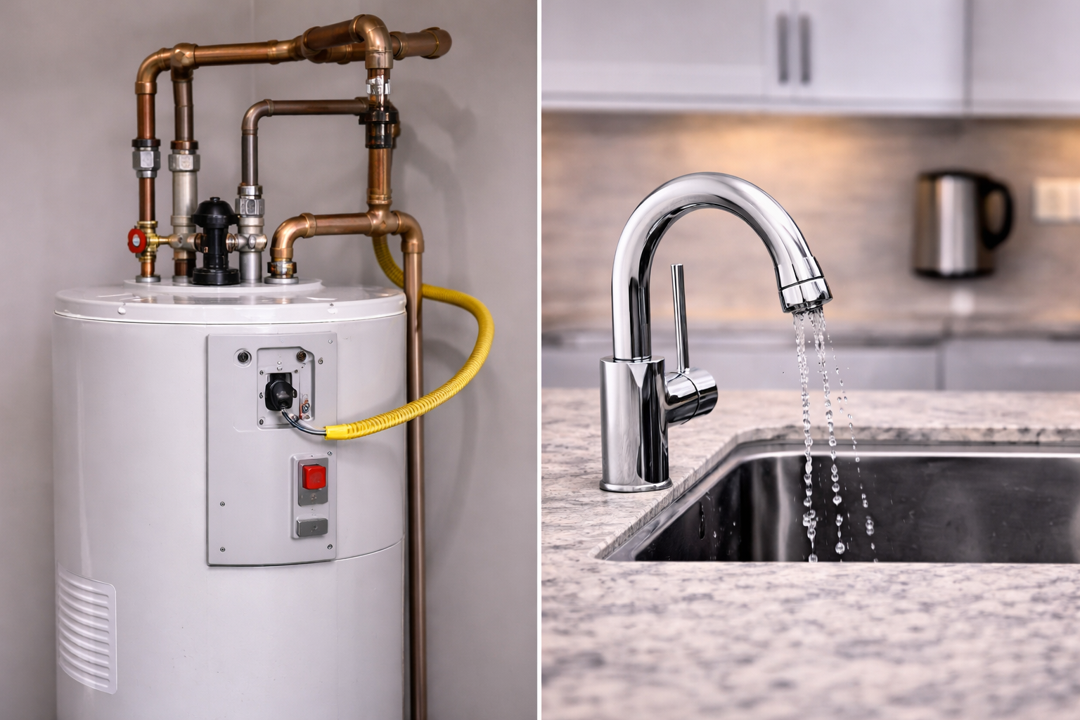 Technician diagnosing a no hot water problem in a home kitchen